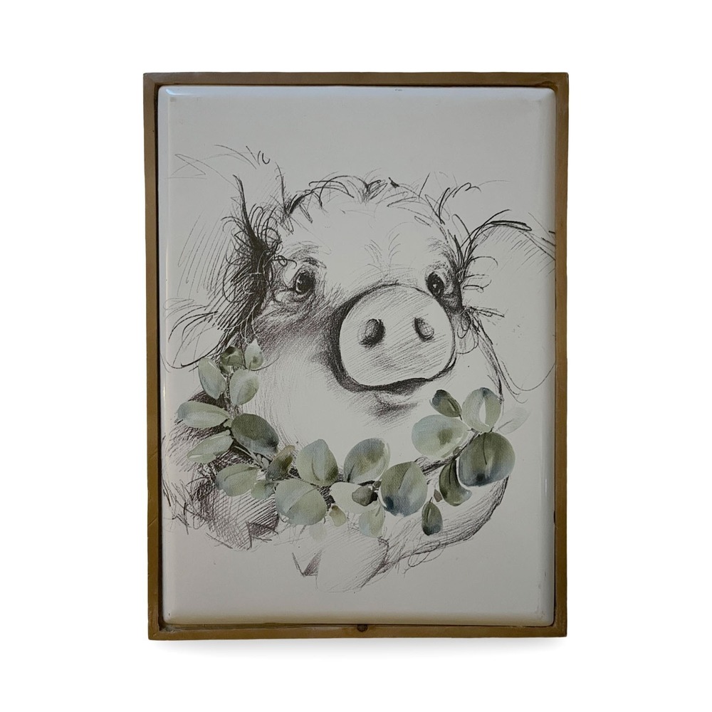Farmhouse Pig with Eucalyptus Wreath Wood Framed Wall Art Plaque Decor 8x10